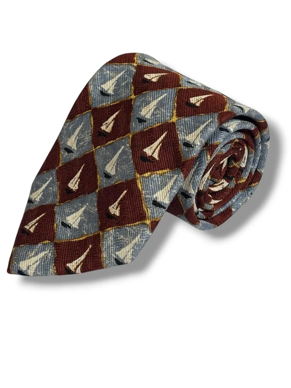 ERMENEGILDO ZENGA Orange & Blue Silk Diamond & Sailboat Pattern Tie VINTAGE